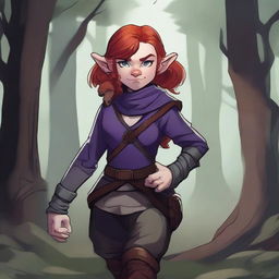 A halfling girl from the D&D class rogue with red hair that is under shoulder length, purple eyes, and a monkey-like tail as a part of her body