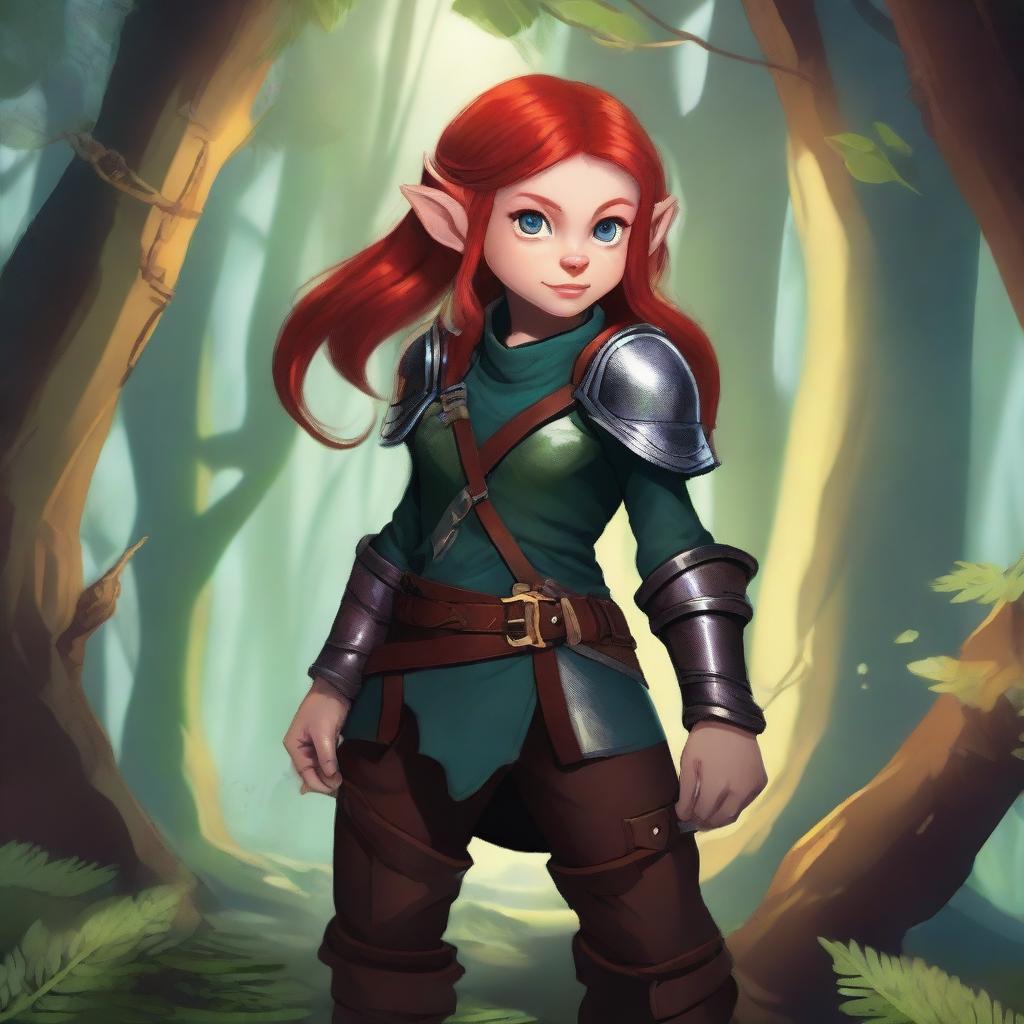 A halfling girl with shoulder-length red hair and iridescent eyes