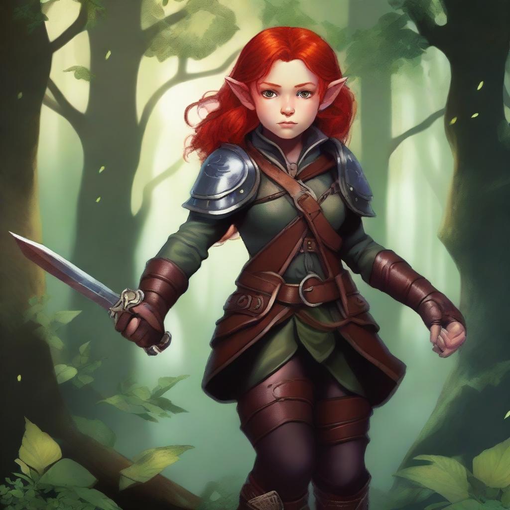 A halfling girl with shoulder-length red hair and iridescent eyes