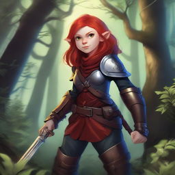 A halfling girl with shoulder-length red hair and iridescent eyes