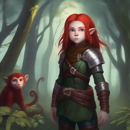 A halfling girl with shoulder-length red hair and iridescent eyes