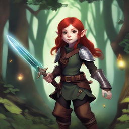 A halfling girl with shoulder-length red hair and iridescent eyes