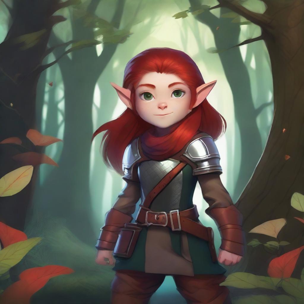 A halfling girl with shoulder-length red hair and iridescent eyes