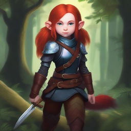 A halfling girl with shoulder-length red hair and iridescent eyes