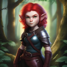 A halfling girl with shoulder-length red hair and iridescent eyes