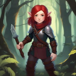 A halfling girl with shoulder-length red hair and iridescent eyes