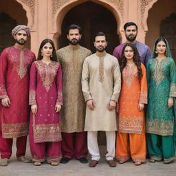 A group of men and women dressed in traditional shalwar kameez, showcasing a vivid palette of colors and intricate patterns