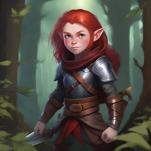 A halfling girl with shoulder-length red hair and iridescent eyes