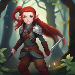 A halfling girl with shoulder-length red hair and iridescent eyes