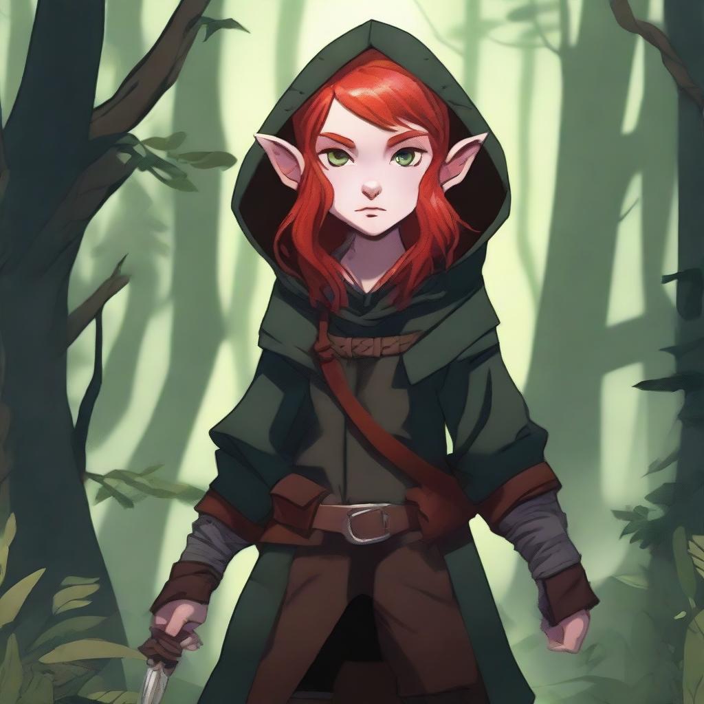 A halfling girl with shoulder-length red hair and iridescent eyes