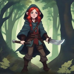 A halfling girl with shoulder-length red hair and iridescent eyes