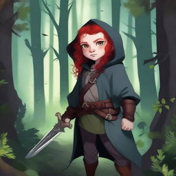 A halfling girl with shoulder-length red hair and iridescent eyes