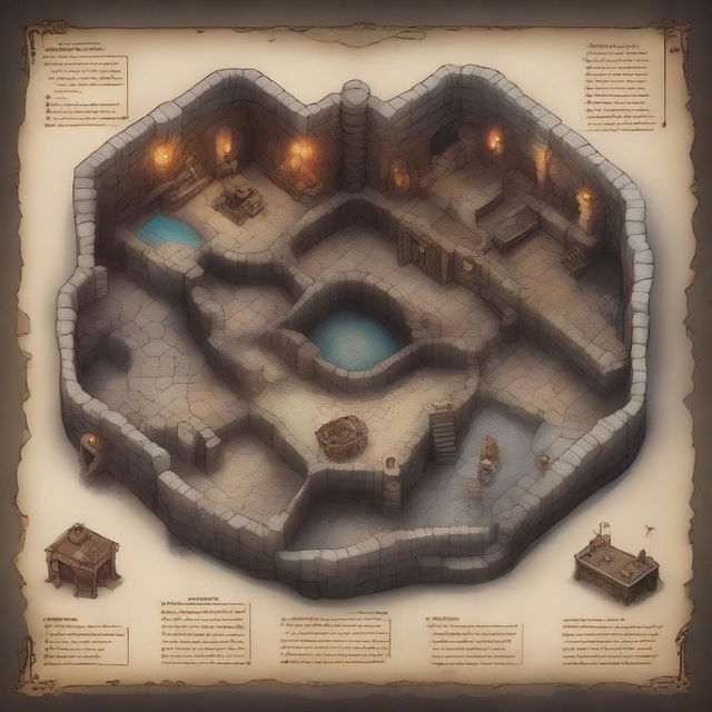 An aerial map of a dungeon, showcasing various rooms, corridors, traps, and treasure chests