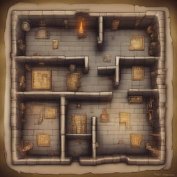 An aerial map of a dungeon, showcasing various rooms, corridors, traps, and treasure chests