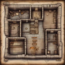 An aerial map of a dungeon, showcasing various rooms, corridors, traps, and treasure chests