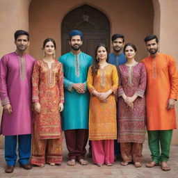 A group of men and women dressed in traditional shalwar kameez, showcasing a vivid palette of colors and intricate patterns