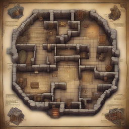 An aerial map of a dungeon, showcasing various rooms, corridors, traps, and treasure chests