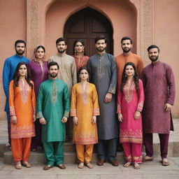 A group of men and women dressed in traditional shalwar kameez, showcasing a vivid palette of colors and intricate patterns