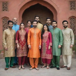 A group of men and women dressed in traditional shalwar kameez, showcasing a vivid palette of colors and intricate patterns