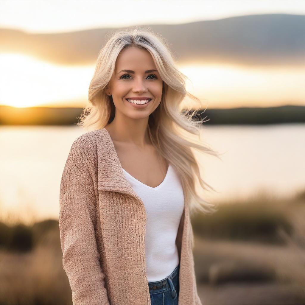 A beautiful blonde woman with a charming smile, wearing a stylish outfit