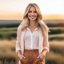 A beautiful blonde woman with a charming smile, wearing a stylish outfit