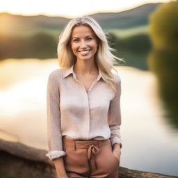 A beautiful blonde woman with a charming smile, wearing a stylish outfit