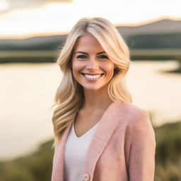 A beautiful blonde woman with a charming smile, wearing a stylish outfit