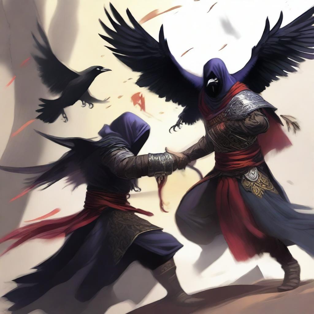 A Shadar-kai warlock clad in raven-themed armor, engaged in a fierce battle against a bold human monk with a black beard