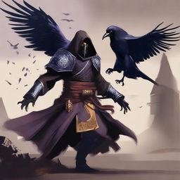 A Shadar-kai warlock clad in raven-themed armor, engaged in a fierce battle against a bold human monk with a black beard