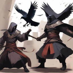 A Shadar-kai warlock clad in raven-themed armor, engaged in a fierce battle against a bold human monk with a black beard