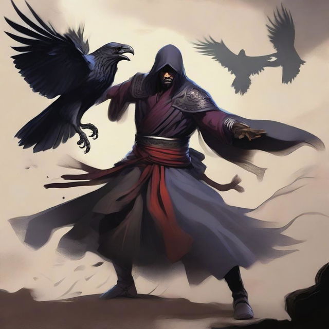 A Shadar-kai warlock clad in raven-themed armor, engaged in a fierce battle against a bold human monk with a black beard