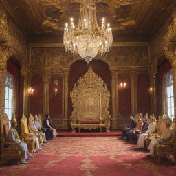 Anime style grand palace meeting room with an ornate throne, where a king in luxurious attire is seated; six other figures, diverse in appearance, sit across from him in a state of discussion.