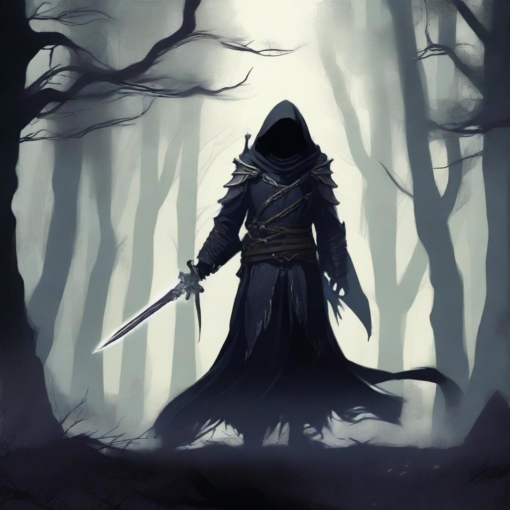 A Shadar-kai warlock wielding a shadow sword, standing in a dark, mystical forest