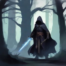 A Shadar-kai warlock wielding a shadow sword, standing in a dark, mystical forest