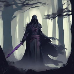 A Shadar-kai warlock wielding a shadow sword, standing in a dark, mystical forest