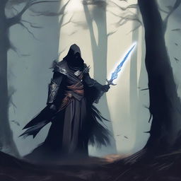 A Shadar-kai warlock wielding a shadow sword, standing in a dark, mystical forest