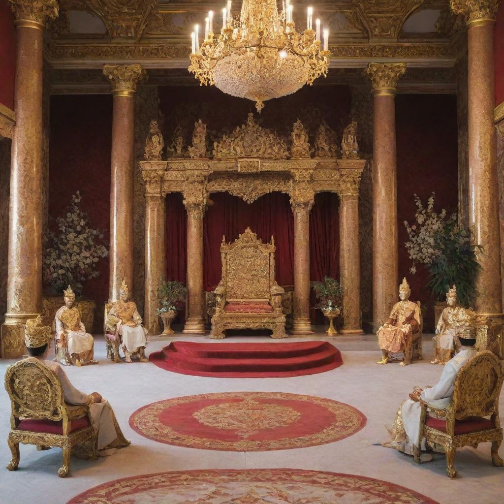 Anime style grand palace meeting room with an ornate throne, where a king in luxurious attire is seated; six other figures, diverse in appearance, sit across from him in a state of discussion.