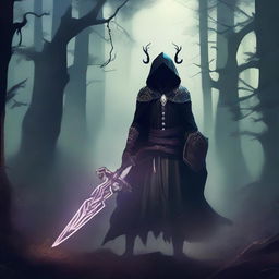 A Shadar-kai warlock wielding a shadow sword and a shield, standing in a dark, mystical forest