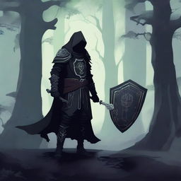 A Shadar-kai warlock wielding a shadow sword and a shield, standing in a dark, mystical forest