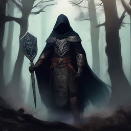 A Shadar-kai warlock wielding a shadow sword and a shield, standing in a dark, mystical forest