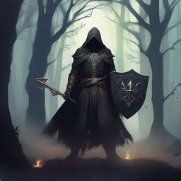 A Shadar-kai warlock wielding a shadow sword and a shield, standing in a dark, mystical forest