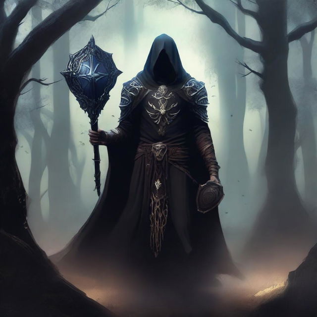 A Shadar-kai warlock wielding a shadow morning star and a shield, standing in a dark, mystical forest