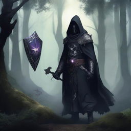 A Shadar-kai warlock wielding a shadow morning star and a shield, standing in a dark, mystical forest