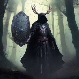 A Shadar-kai warlock wielding a shadow morning star and a shield, standing in a dark, mystical forest