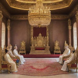 Anime style grand palace meeting room with an ornate throne, where a king in luxurious attire is seated; six other figures, diverse in appearance, sit across from him in a state of discussion.