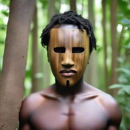 A young male human wearing a primitive war mask made out of a simple plank of wood