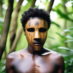 A young male human wearing a primitive war mask made out of a simple plank of wood