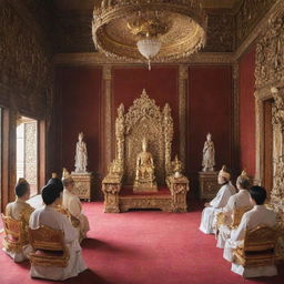 Anime style grand palace meeting room with an ornate throne, where a king in luxurious attire is seated; six other figures, diverse in appearance, sit across from him in a state of discussion.