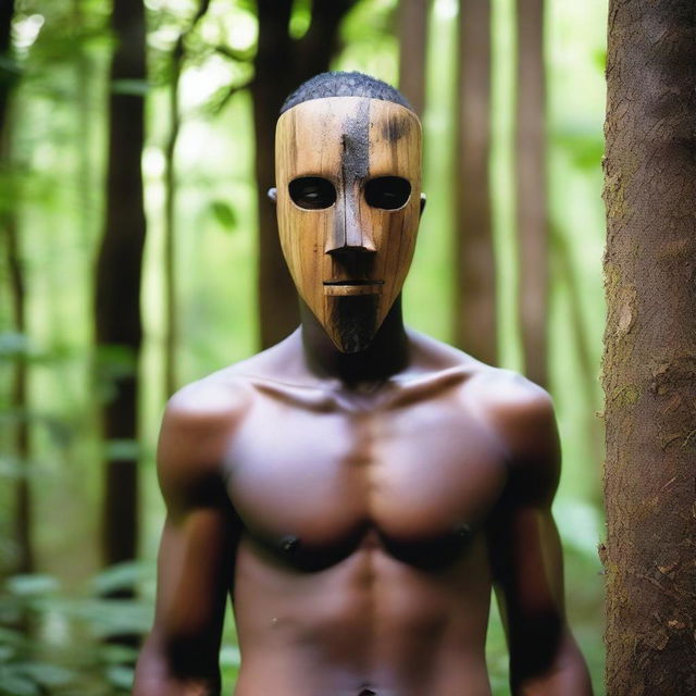 A young male human wearing a primitive war mask made out of a simple plank of wood