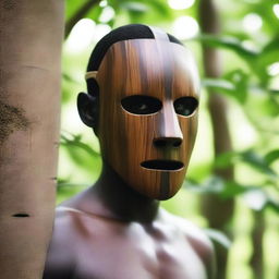 A young male human wearing a primitive war mask made out of a simple plank of wood